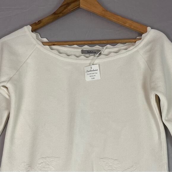 Stellaluna Knit Off Shoulder Sweater Womens Medium Ivory Raised 3D Floral NWT - Picture 2 of 12